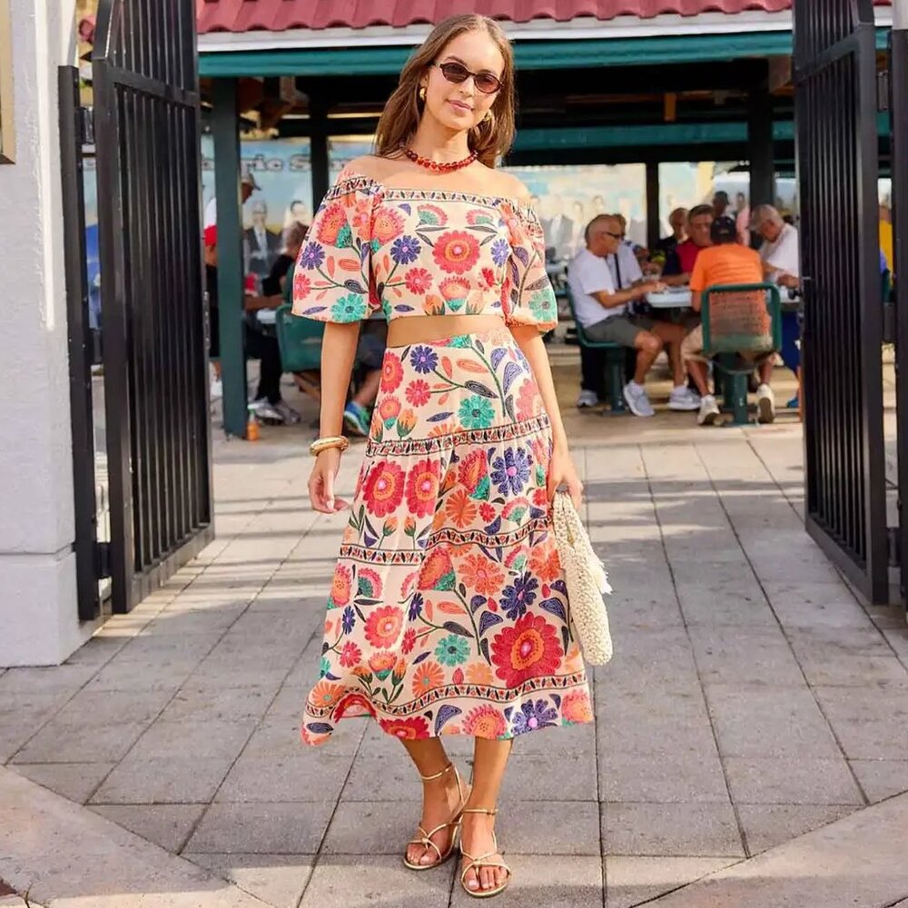 Serena Orange Printed Midi Skirt